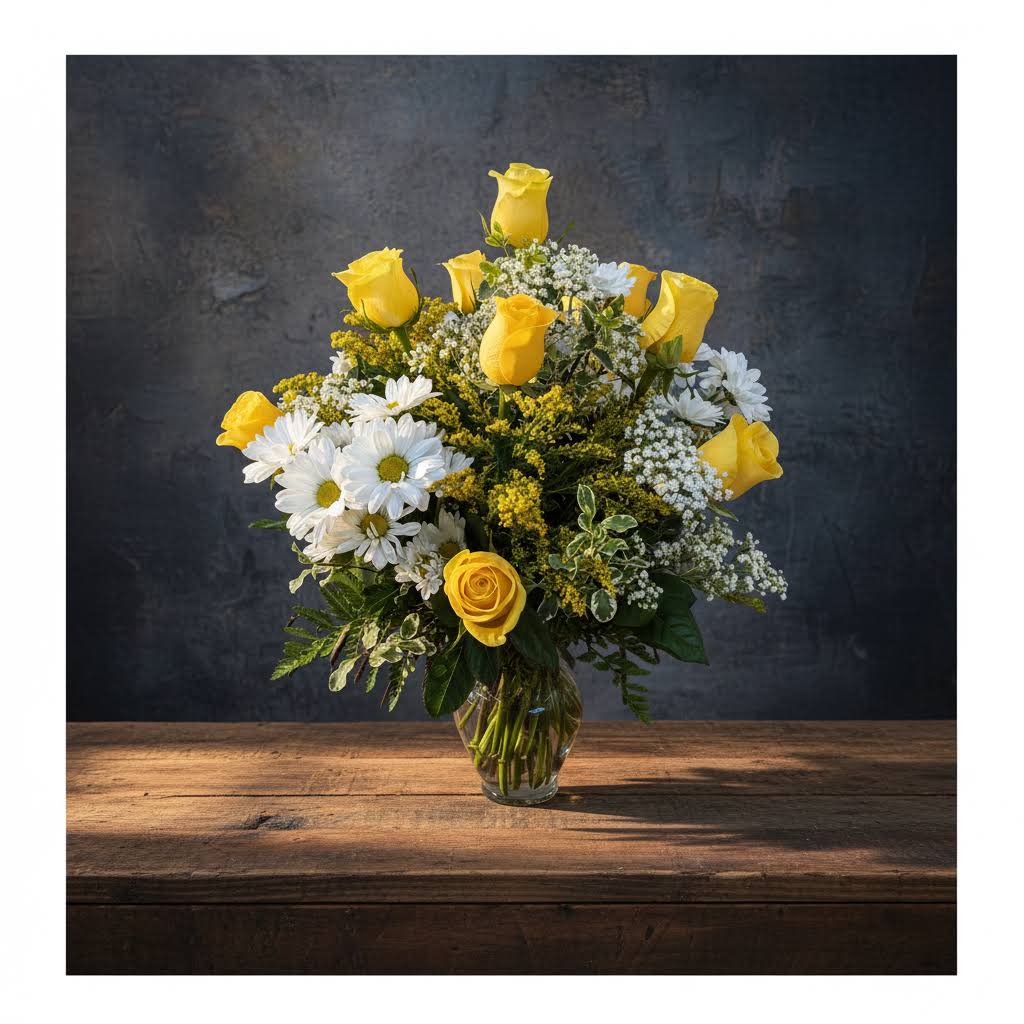 Yellow roses and white daisies arranged in a clear glass vase