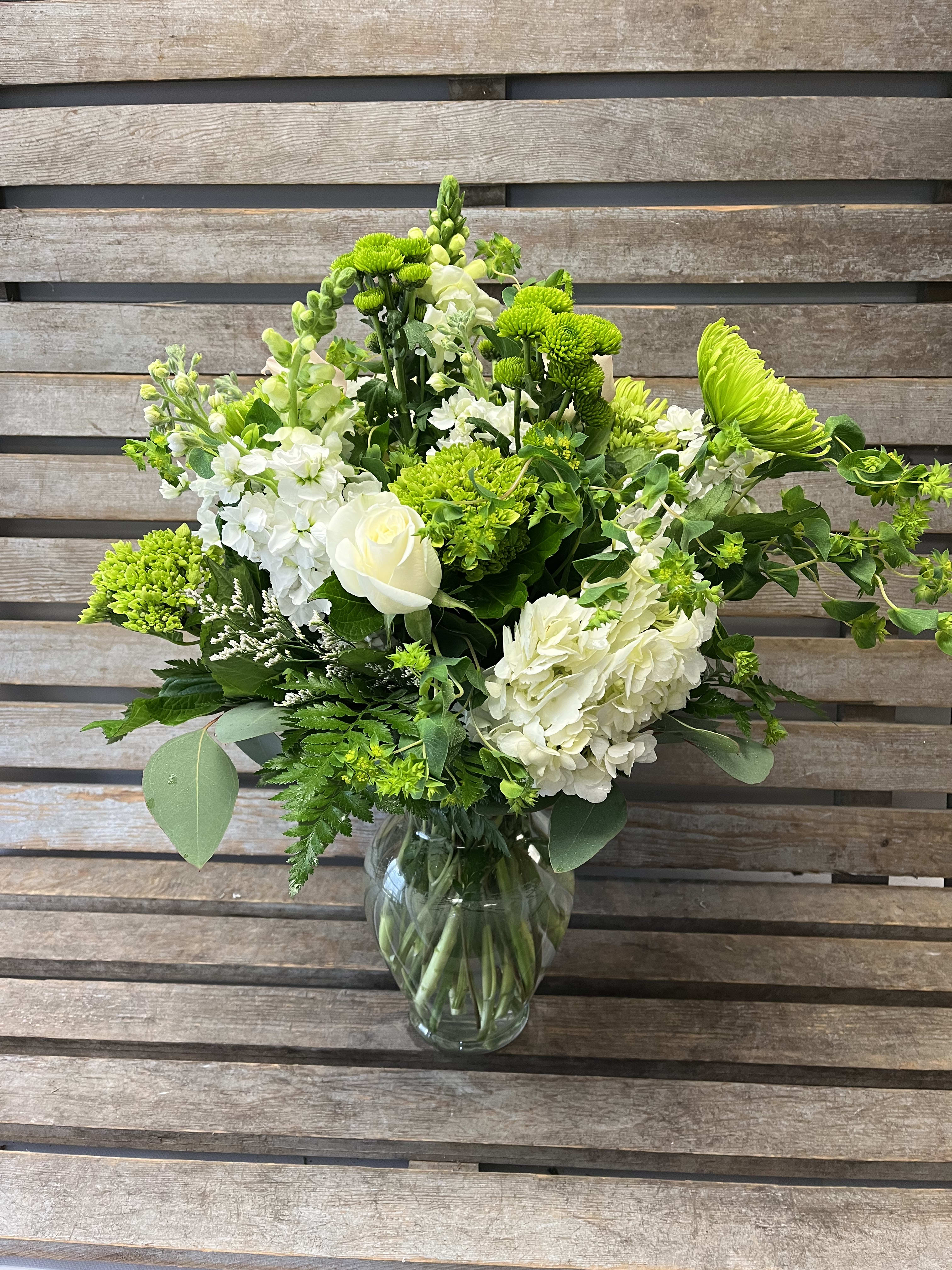 Spring Green vase  - Neutral white and green flowers arranged in a Spring garden vase. Perfect for any occasion. 