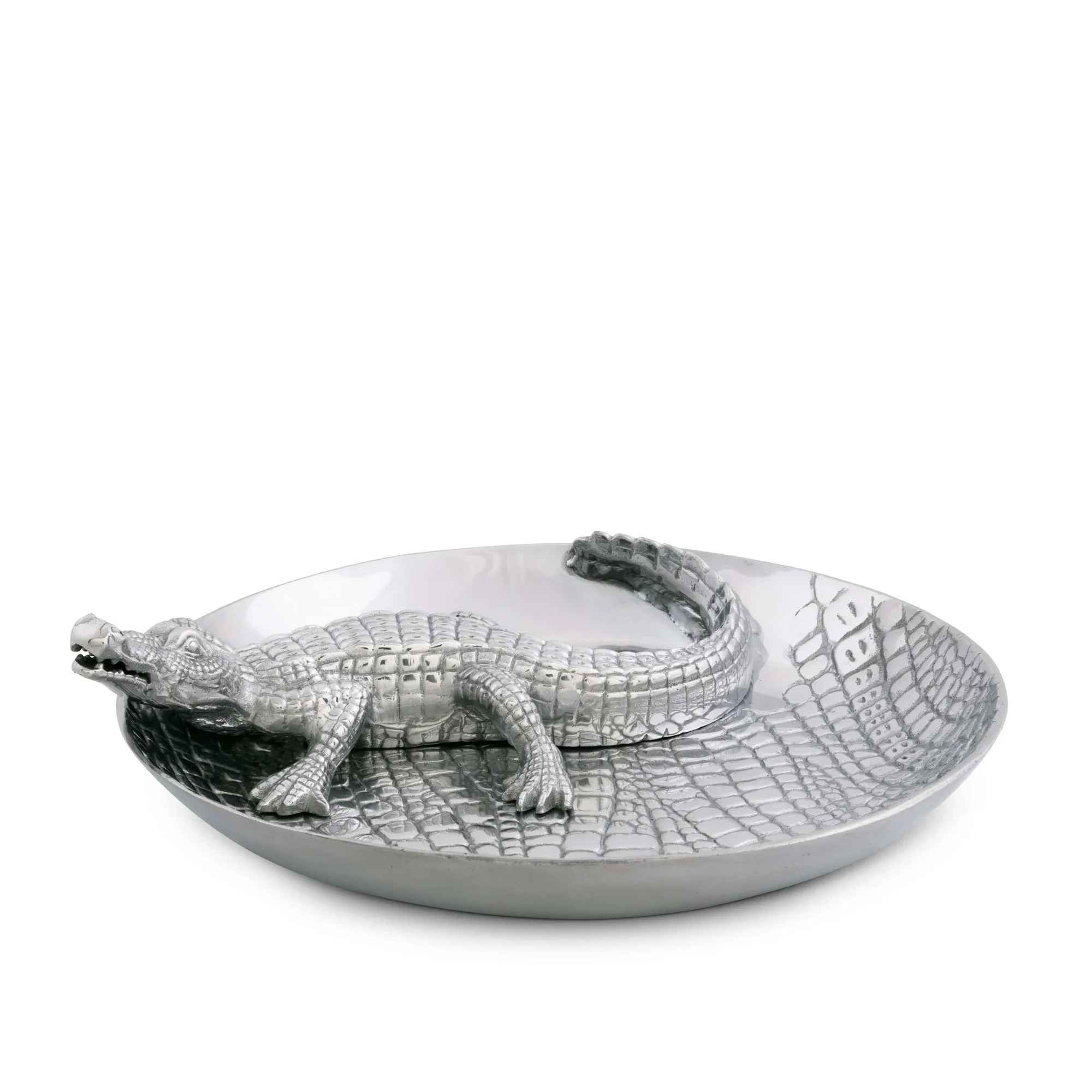 Alligator Chip and Dip Bowl 14" by Arthur Court - Hand-crafted with legendary attention to detail, this 14-inch Arthur Court alligator chip and dip bowl brings a sophisticated "Gator" flair to any setting. From the swamp to the sideboard, it is designed to be both a functional serving piece and a conversation-starting work of art.  This versatile chip and dip set is the ultimate gift for any occasion, serving as a prestigious wedding present, a spirited UF graduation keepsake, or a stunning accent for your next party. Crafted with signature Arthur Court quality, its tarnish-free shine ensures it remains a cherished heirloom long after the celebration ends.
