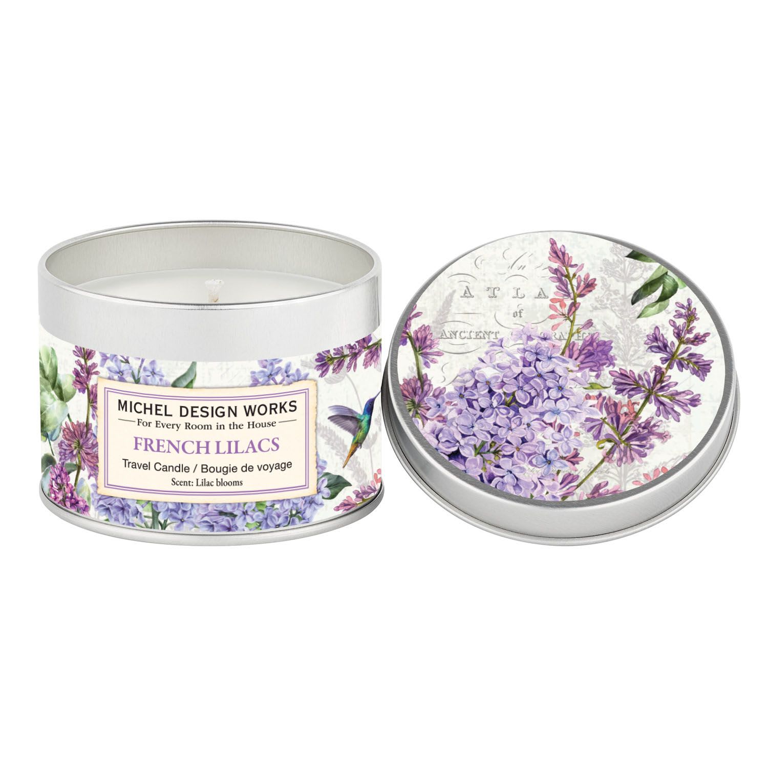 French Lilac Travel Candle - Fragrance: Lilac blooms  Our all-natural, travel candle is nontoxic, biodegradable and clean burning, made from a sustainably sourced soy and palm oil wax blend. The handy, decorative, and versatile tin can be used at home or when traveling, indoors or out.  5.5 oz./ 155 g. 24 hours approximate burn time. 