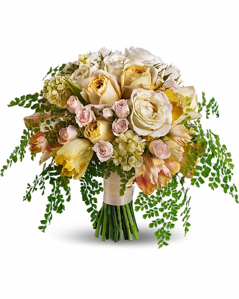 Best of the Garden Bouquet - Fresh-picked perfection! This soft, romantic bouquet unites luxurious blooms like garden roses and parrot tulips with delicate maidenhair fern. Light yellow and white garden roses with crÃ¨me spray roses, light yellow stock, yellow parrot tulips and stems of maidenhair fern.