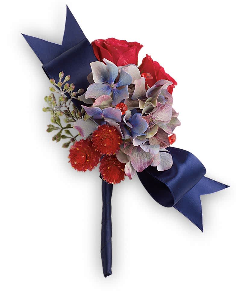 Camera Ready Boutonniere - You're ready for your close-up with this bold mix of pale blue hydrangea and rich red roses. Light blue hydrangea, red spray roses and red gomphrena.