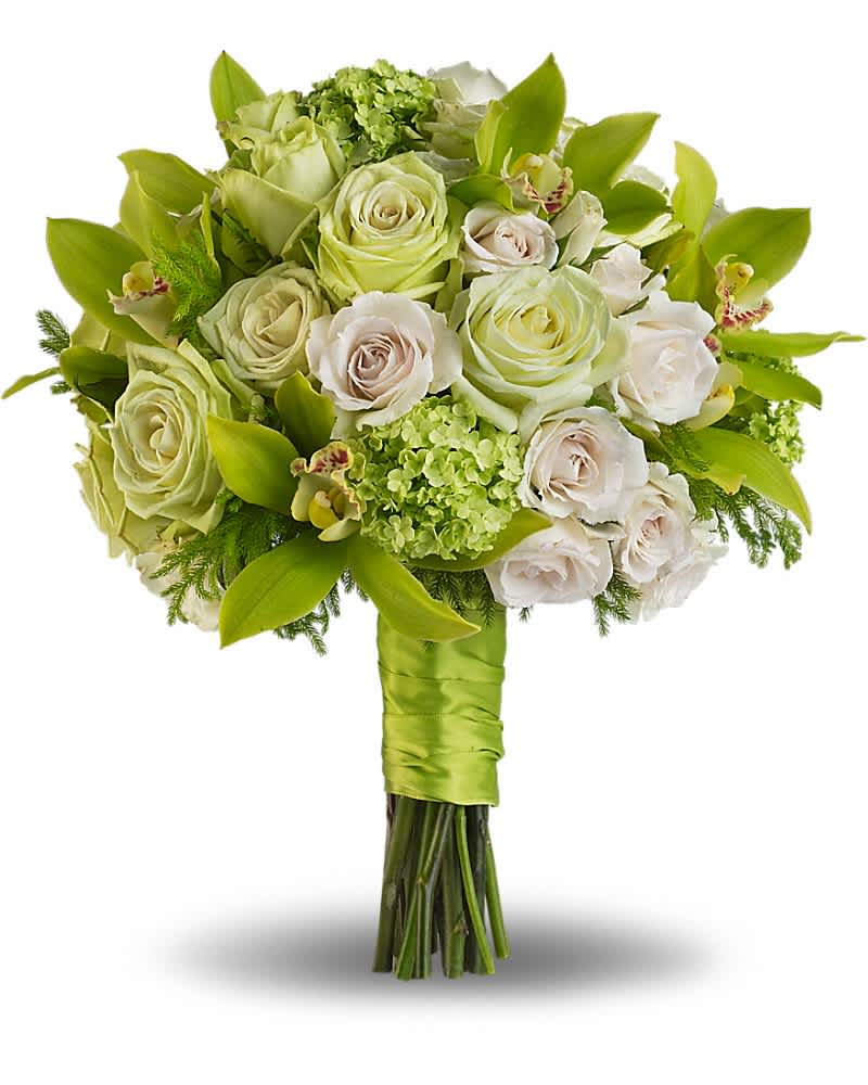 Luscious Love Bouquet - **We will keep all of the arrangements as similar as possible unless indicated no substitutions.** As delightful as a crisp green apple, this beautiful bouquet of green cymbidium orchids, viburnum and roses is one to remember. Green cymbidium orchids and viburnum with white and green roses, accented with lycopodium.
