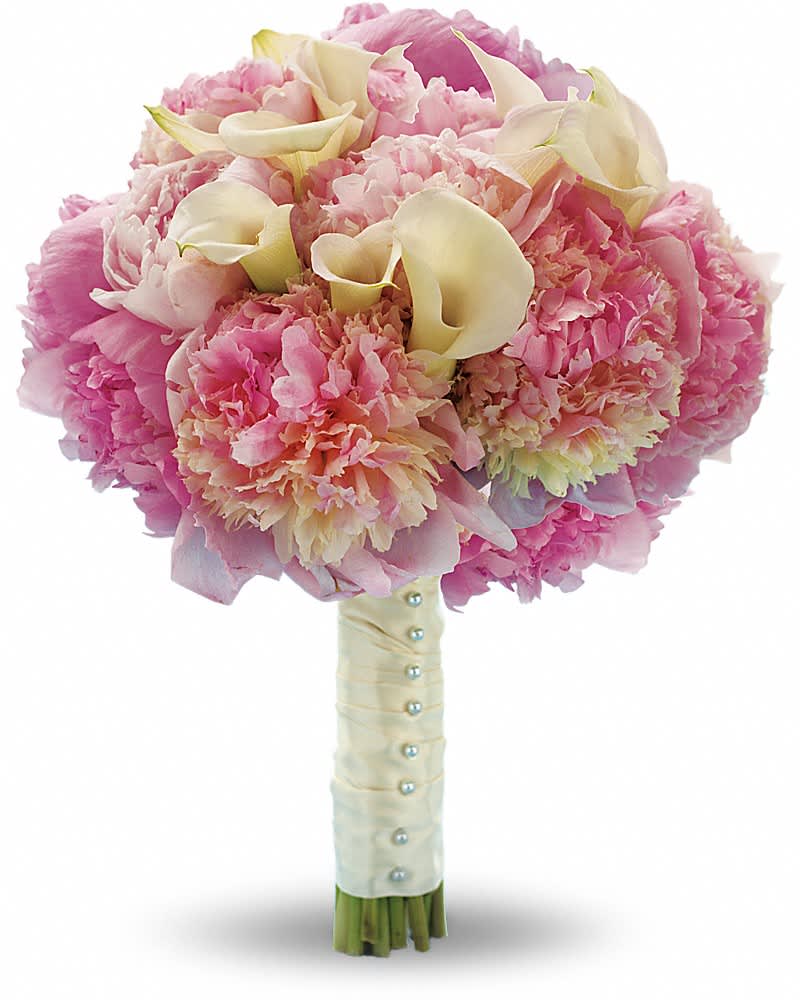 My Pink Heaven Bouquet - **We will keep all of the arrangements as similar as possible unless indicated no substitutions.** Stand out from the crowd with this heavenly, high-fashion bouquet of lush pink peonies and mini white callas. Pink peonies and white miniature callas held with a satin ribbon.