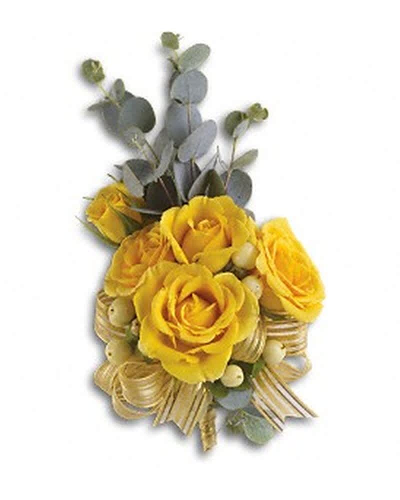 Sunswept Corsage - Sunny yellow roses mirror your happiness. Yellow spray rosesd and hypericum with parvifolia eucalyptus.
