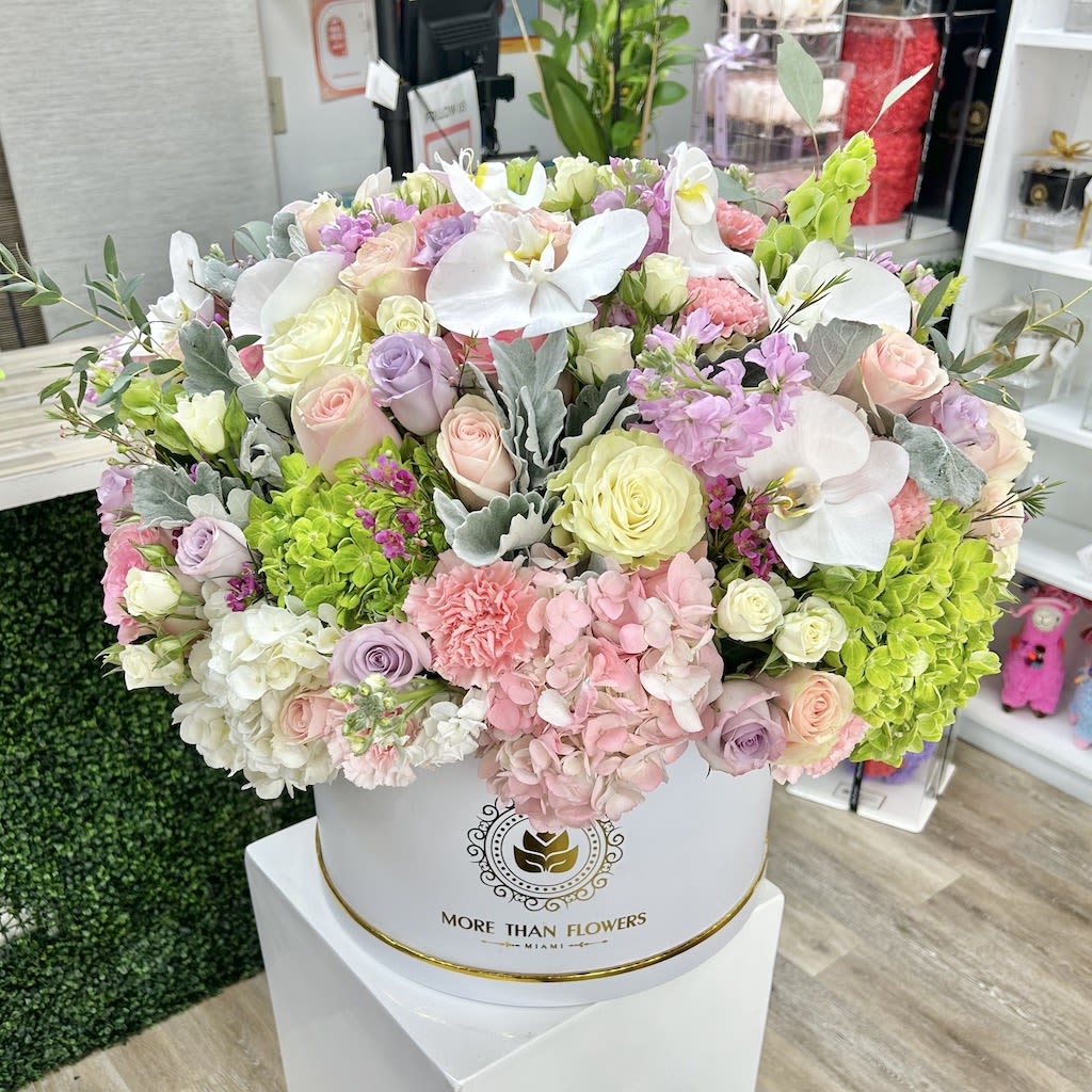 Pastel Flowers in a Box - Beautiful composition of light colors in a our signature box. sophistication at is best. 