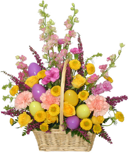 Easter Egg Hunt Basket - perfect springtime gift than this one! With a wondrous and magnificent mix of yellow button poms, pink carnations, lavender mini carnations, pink larkspur, and yellow spray roses, you can bring spring's beauty indoors! 