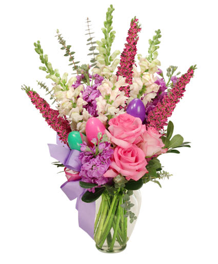 EASTER GREETER - Say hello to spring with these sunny Easter flowers! The gorgeous pink roses pair beautifully with the lavender heather, light pink snapdragons, and lavender stock, making the Easter Greeter bouquet a striking spring mix. Send this festive holiday mix to someone you love today! 