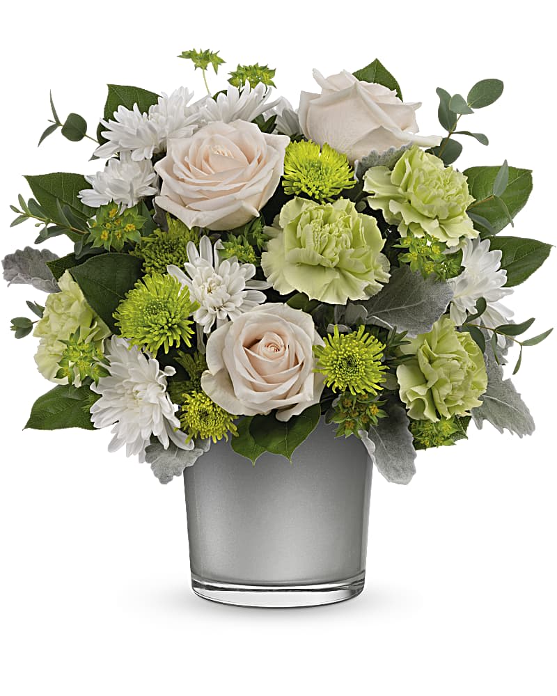Teleflora's Light On The Water Bouquet - Like sunlight on the water, this light-filled bouquet of crÃ¨me roses in a silver glass keepsake vase is a gift of calming beauty. CrÃ¨me roses, green carnations, green cushion spray chrystanthemums and white cushion spray chrysanthemums are arranged with bupleurum, dusty miller, lemon leaf and parvifolia eucalyptus. Delivered in a Polished Gem Cylinder.