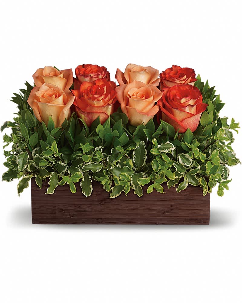 Teleflora's Uptown Bouquet - An arrangement worthy of your uptown girl, this one rocks! Modern without being trendy. Gorgeous without being girly. If your woman knows style, this is the gift for her. Outrageously beautiful dark orange and peach roses are nestled in a garden of greens and delivered in a unique bamboo rectangle. Go ahead: show her that you get it.