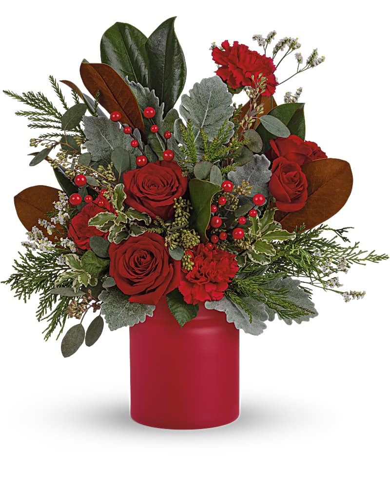 Teleflora's Wild &amp; Wonderful Christmas Bouquet - Simply unique, this gorgeous green and red design is artfully hand-arranged in a timeless matte red vase. Red roses, red carnations are surrounded by velvety dusty miller and various seasonal greens create an eye-catching wild &amp; wonderful look.
