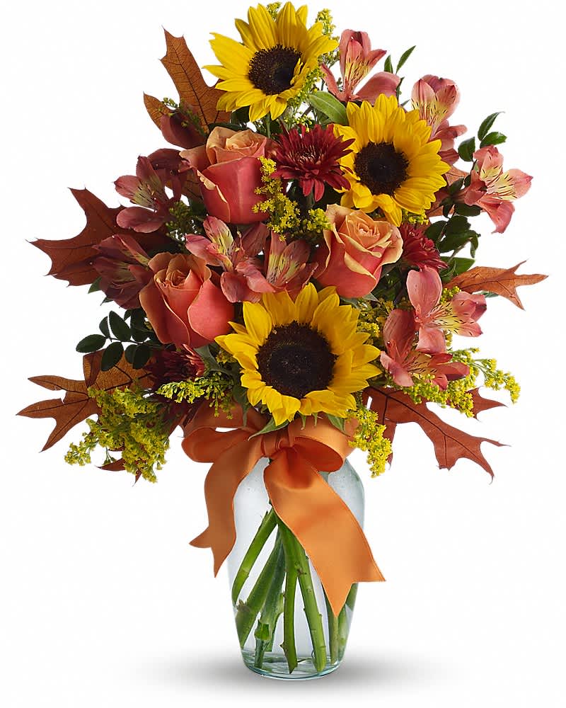 Warm Embrace - This ravishingly rustic bouquet is like a burst of country charm. Complementing the sunny sunflowers are orange bi-color roses and orange and rust chrysanthemums - all delightfully tied up with a bright orange ribbon. Absolutely irresistible. The cheerful arrangement includes orange bi-color roses, yellow sunflowers, dark orange alstroemeria and rust cushion spray chrysanthemums accented with orange ribbon and assorted greenery.