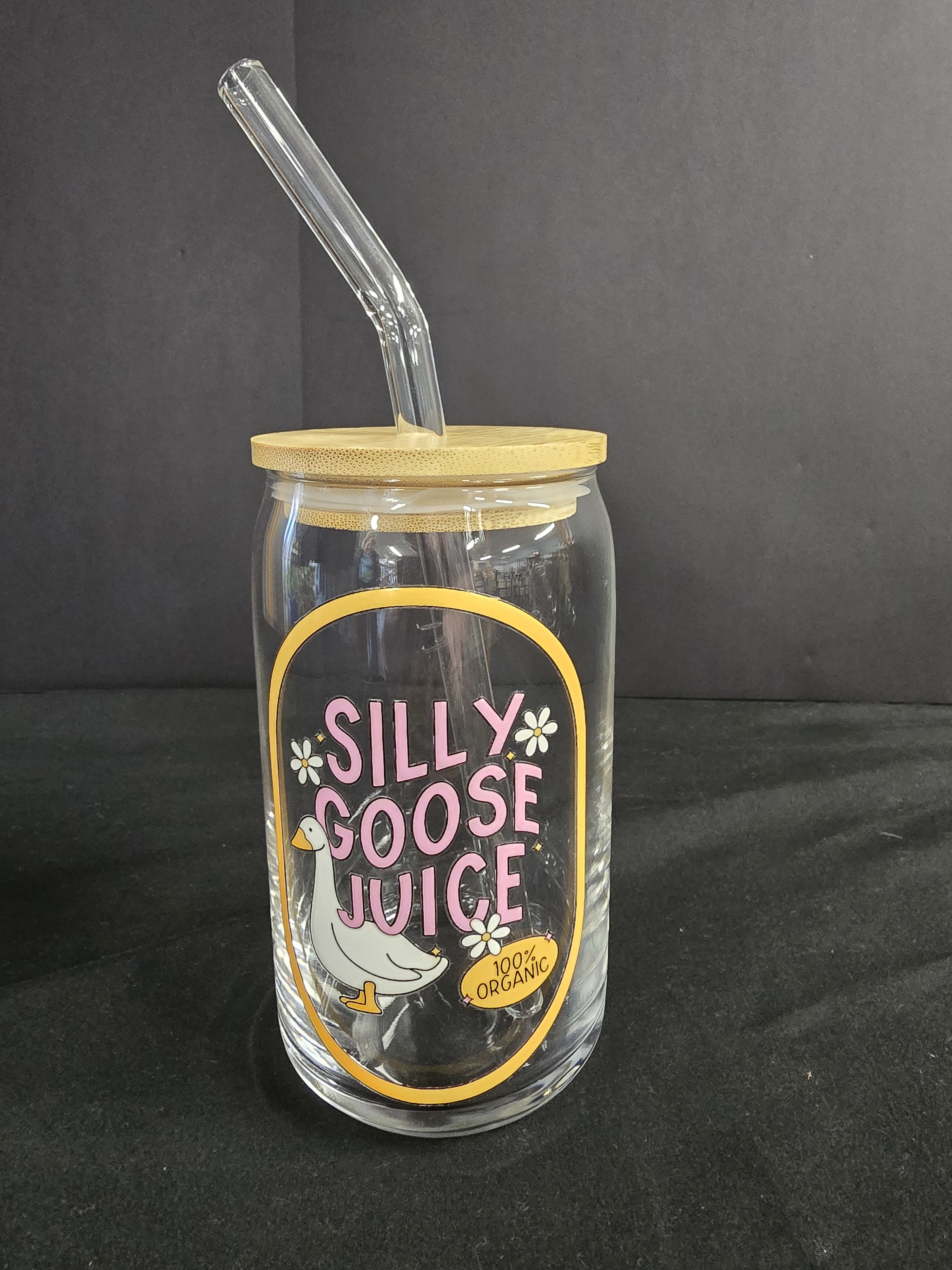Silly Goose - Handmade Glass Cup with lid and Glass Straw