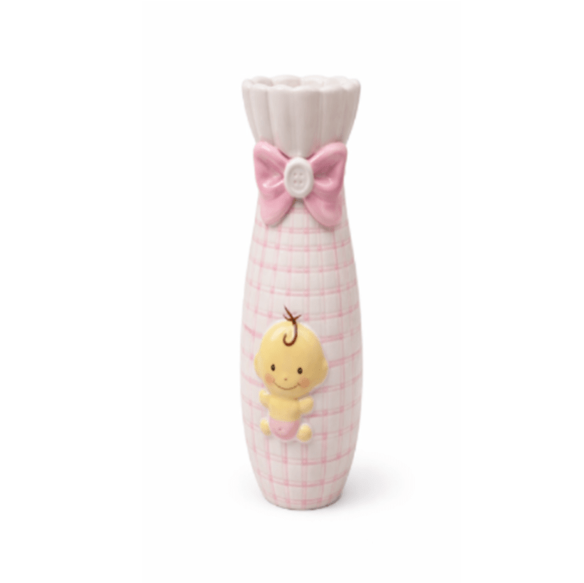 Pink Baby Ceramic Vase with Bow - This adorable pink ceramic vase features a sweet baby design with a delicate plaid pattern and a charming pink bow accent. The raised baby figure adds a playful touch, making it a perfect decorative piece for a nursery or baby's room. 