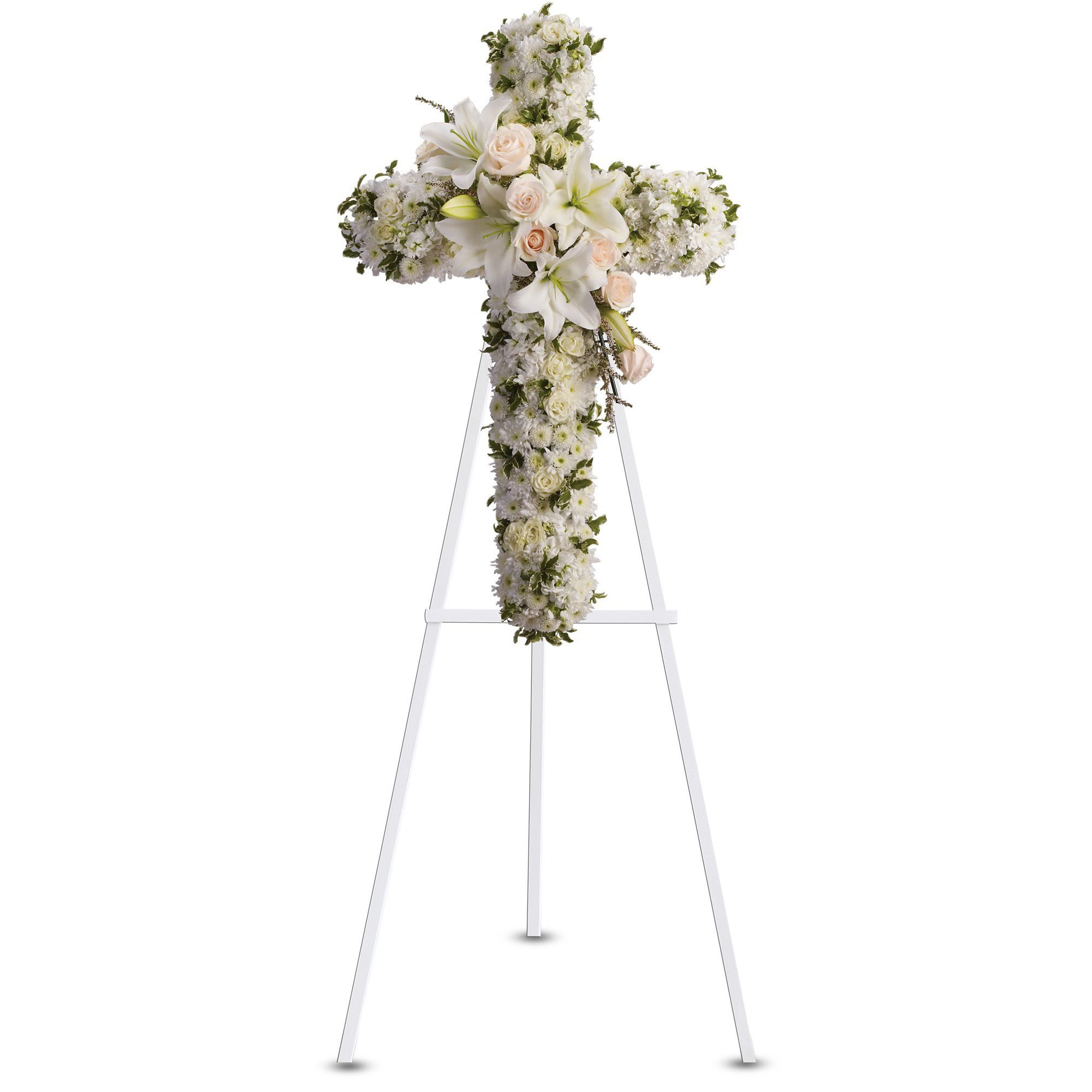 Divine Light by Teleflora - Your message of hope for eternal serenity is delivered ever so elegantly in this graceful cross. Your sincerity will be acknowledged by all who are present.