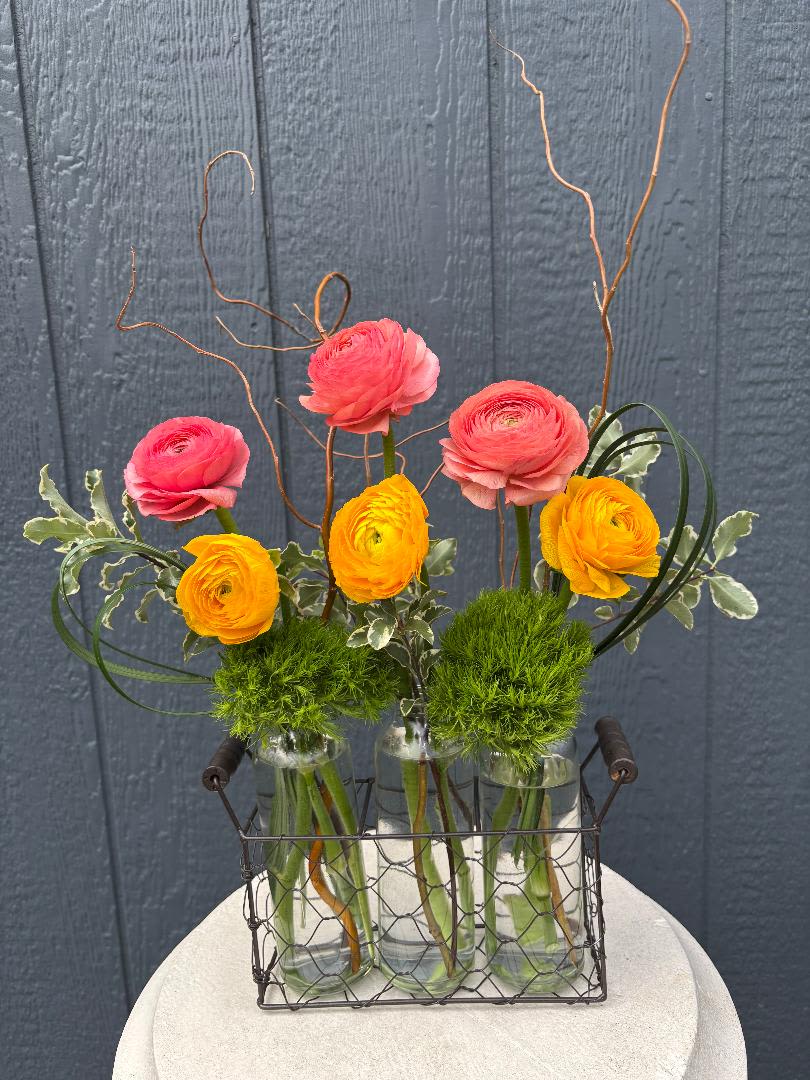 Dancing Ranunculus - Bright, cheerful ranunculus seem to dance above a collection of charming glass bottles, creating a playful and modern garden design. Shades of coral and golden yellow blooms are paired with fresh green dianthus and soft variegated foliage, while delicate curly branches add height and movement. Arranged in a rustic metal carrier, this unique piece feels like a little garden moment captured in bloom.  Dancing Ranunculus is perfect for brightening a kitchen table, celebrating spring, or sending a joyful surprise just because