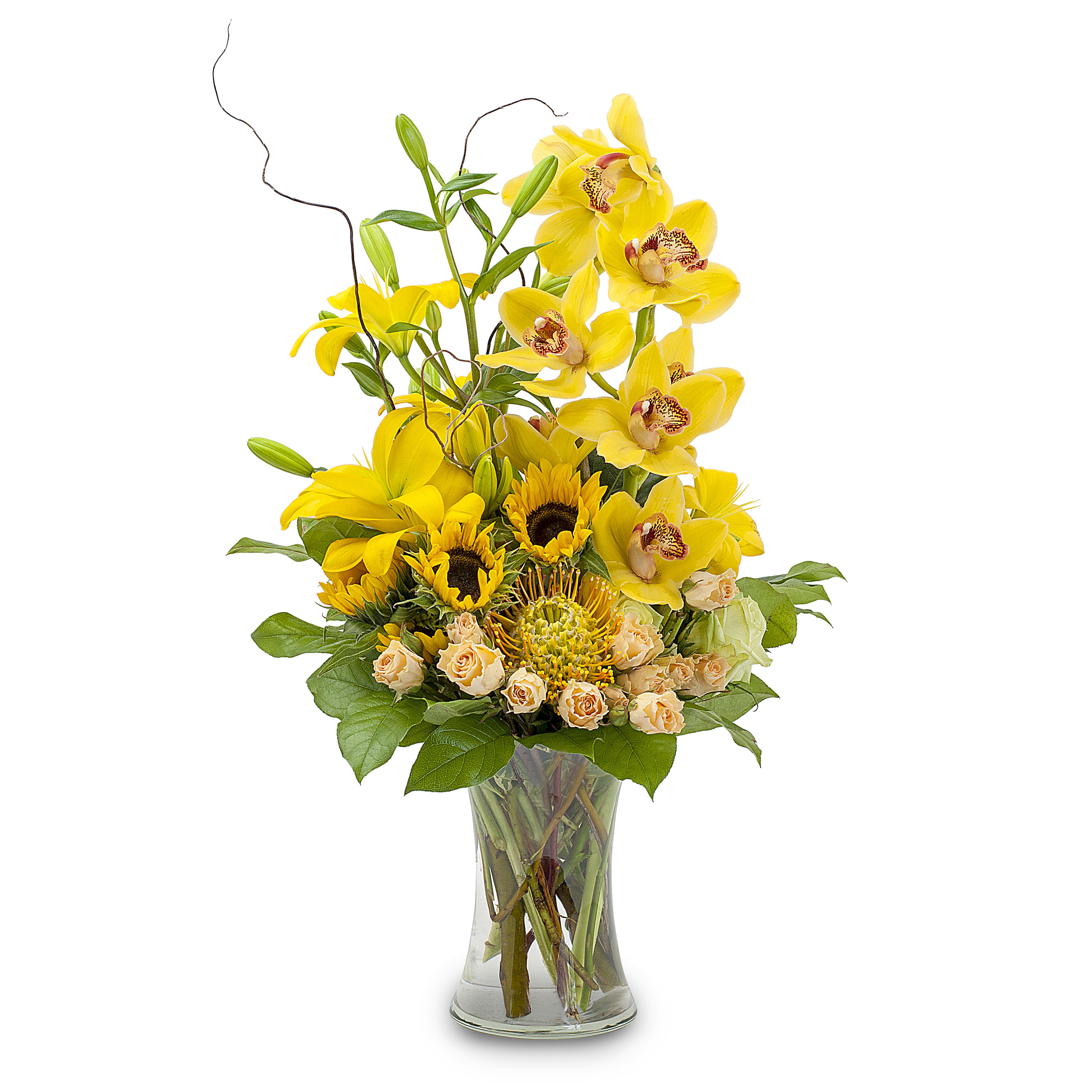 A Flair for Fancy - Bright and stunning! Yellow Orchids, Sunflowers, and Lilies are sure to please! Approximately 8" W X 20" H