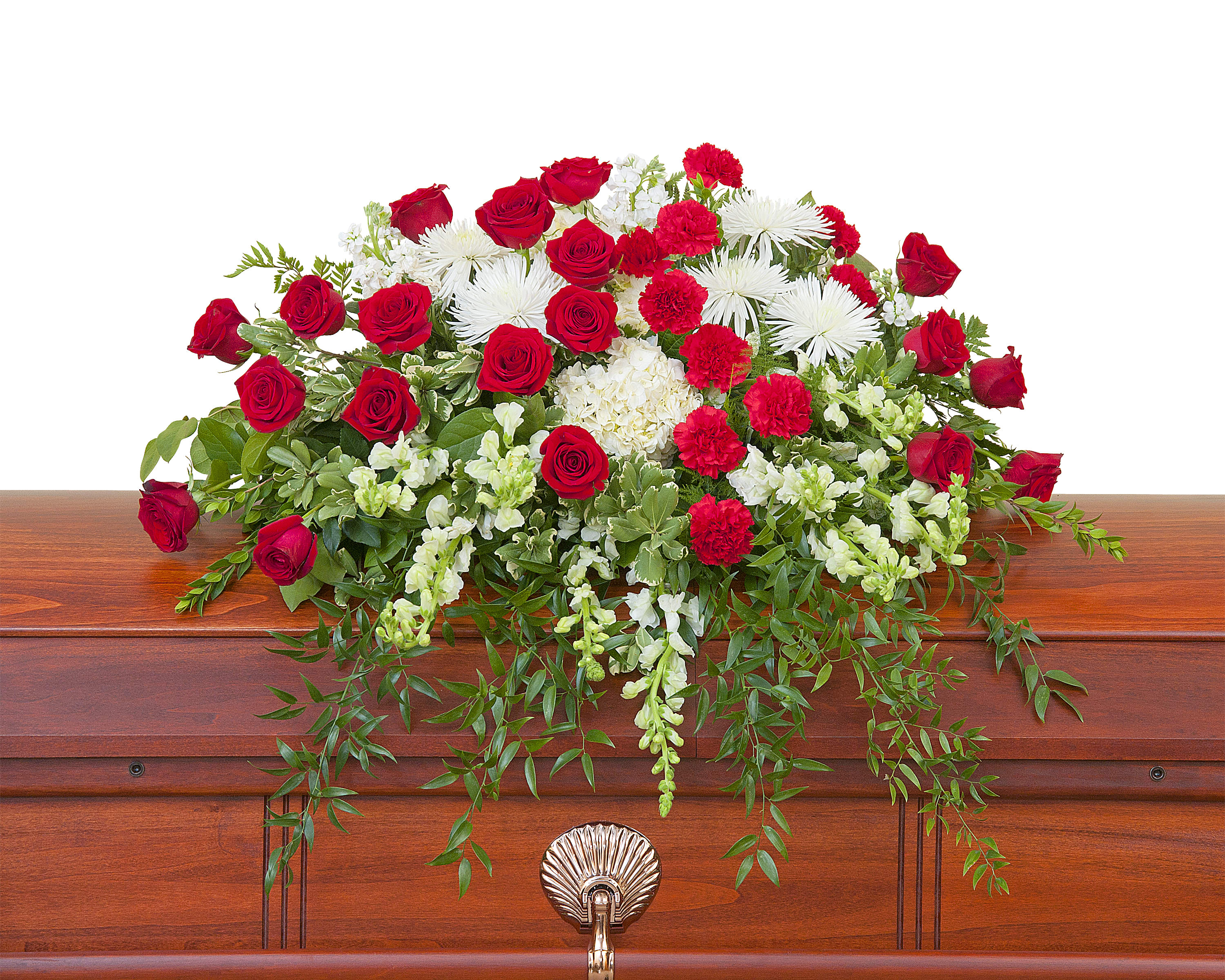 Enduring Strength Casket Spray TMF-733	 - Red and white premium varieties of flowers combine with lush foliage to make this casket spray impression of enduring strength.	Approximately 44" wide 36" deep