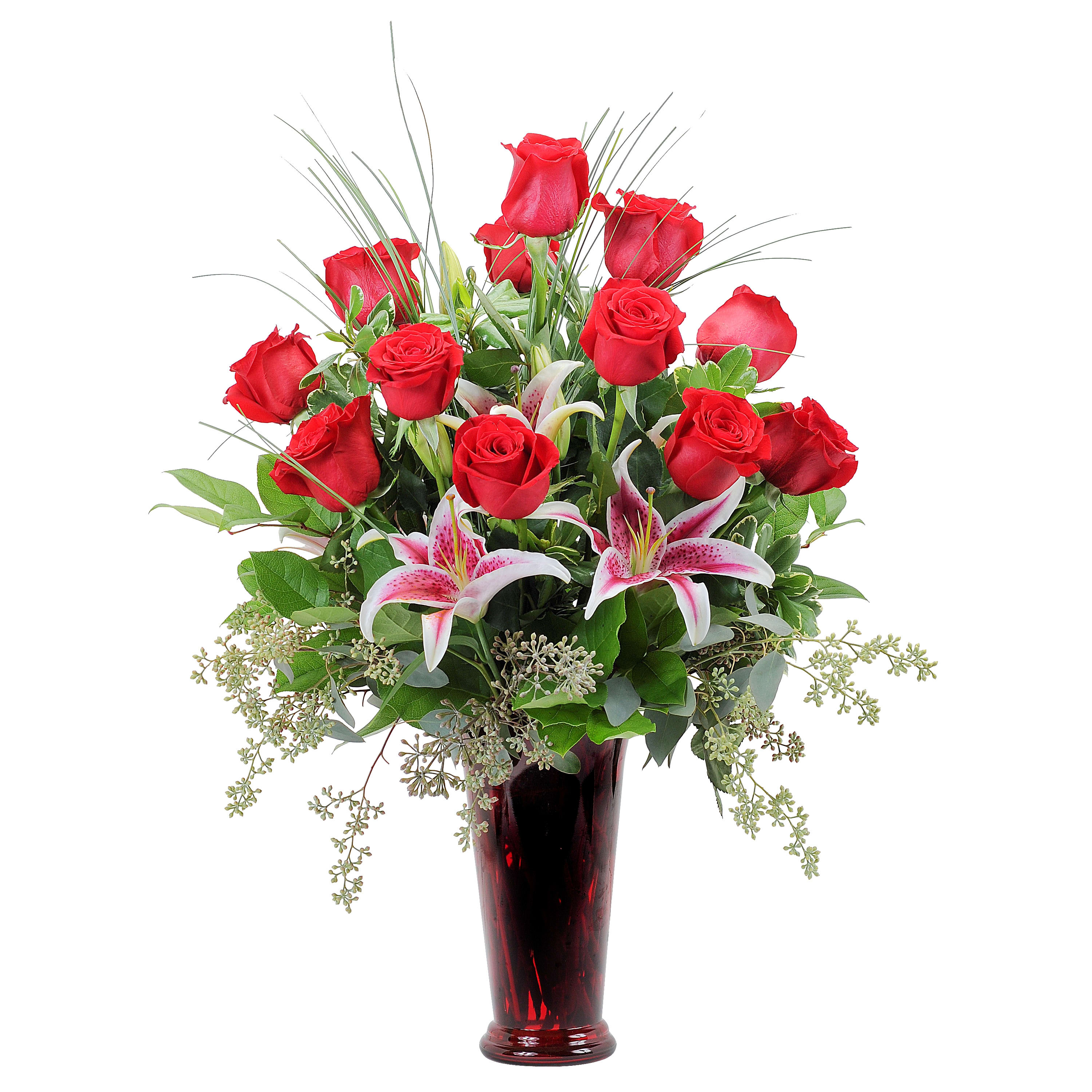 Eternal Gaze - A premium design with rich red roses and elegant lilies designed in a red vase.	Approximately 12" wide by 20" high DGTMF-549