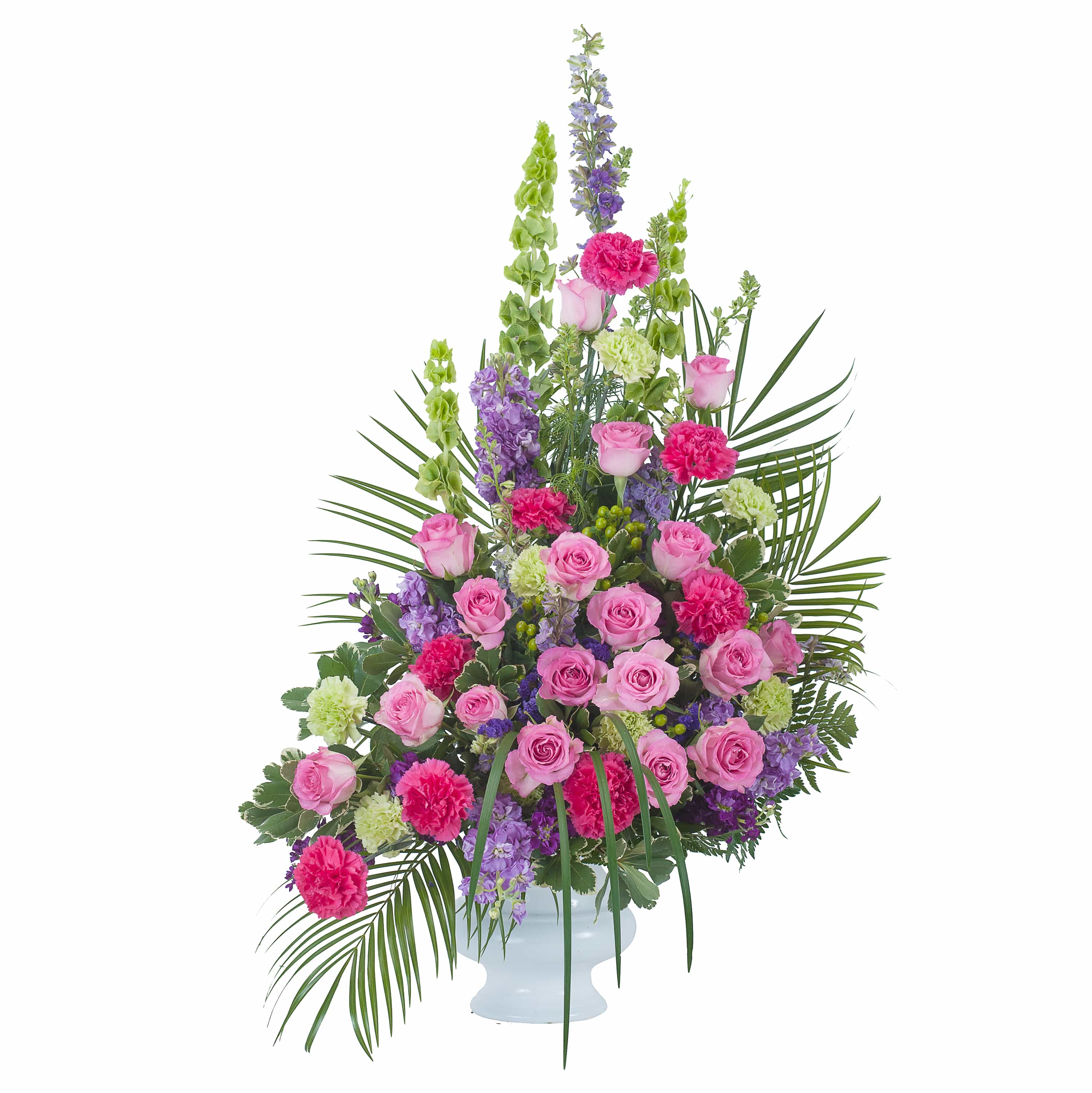 Forever Cherished Crescent Spray TMF-773 - This beautiful combination of pink and purple flowers will show that they will be forever cherished. Approximately 20" wide by 30" high As Shown : DGTMF-773