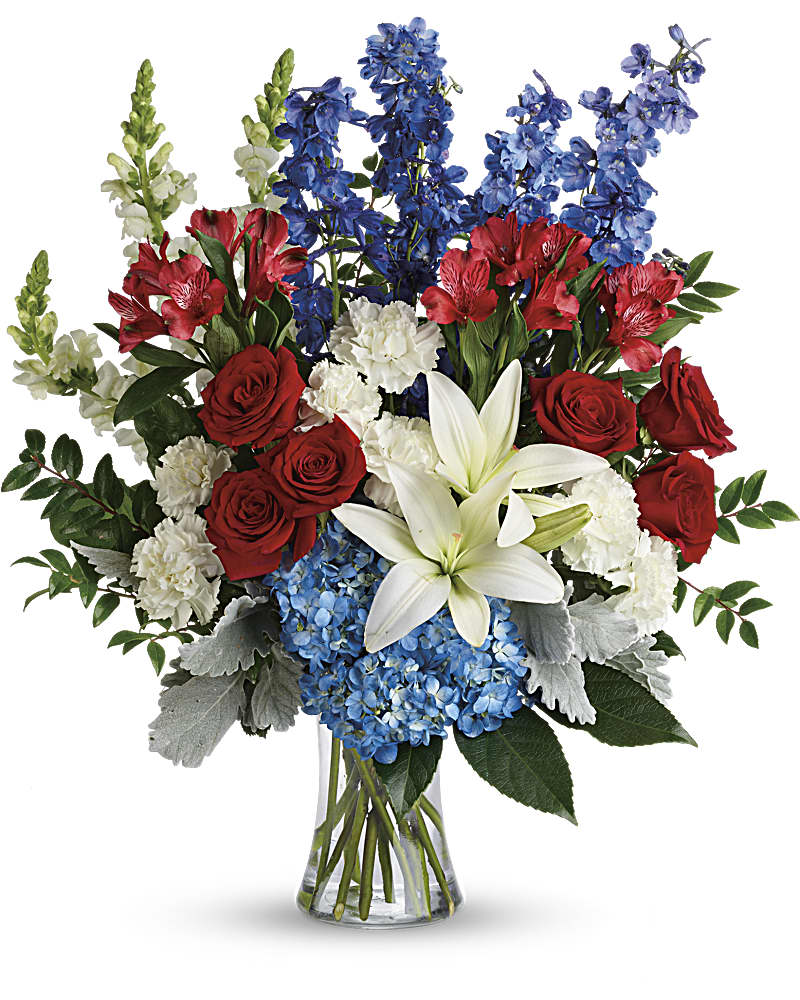 Patriotic vase - Perfectly patriotic with its red, white and blue blooms, this bold bouquet of hydrangea, lilies and roses is a versatile tribute on any occasion. This bouquet features blue hydrangea, red roses, white Asiatic lilies, red alstroemeria, white carnations, blue delphinium, white snapdragons, and assorted greens. DGT2822C