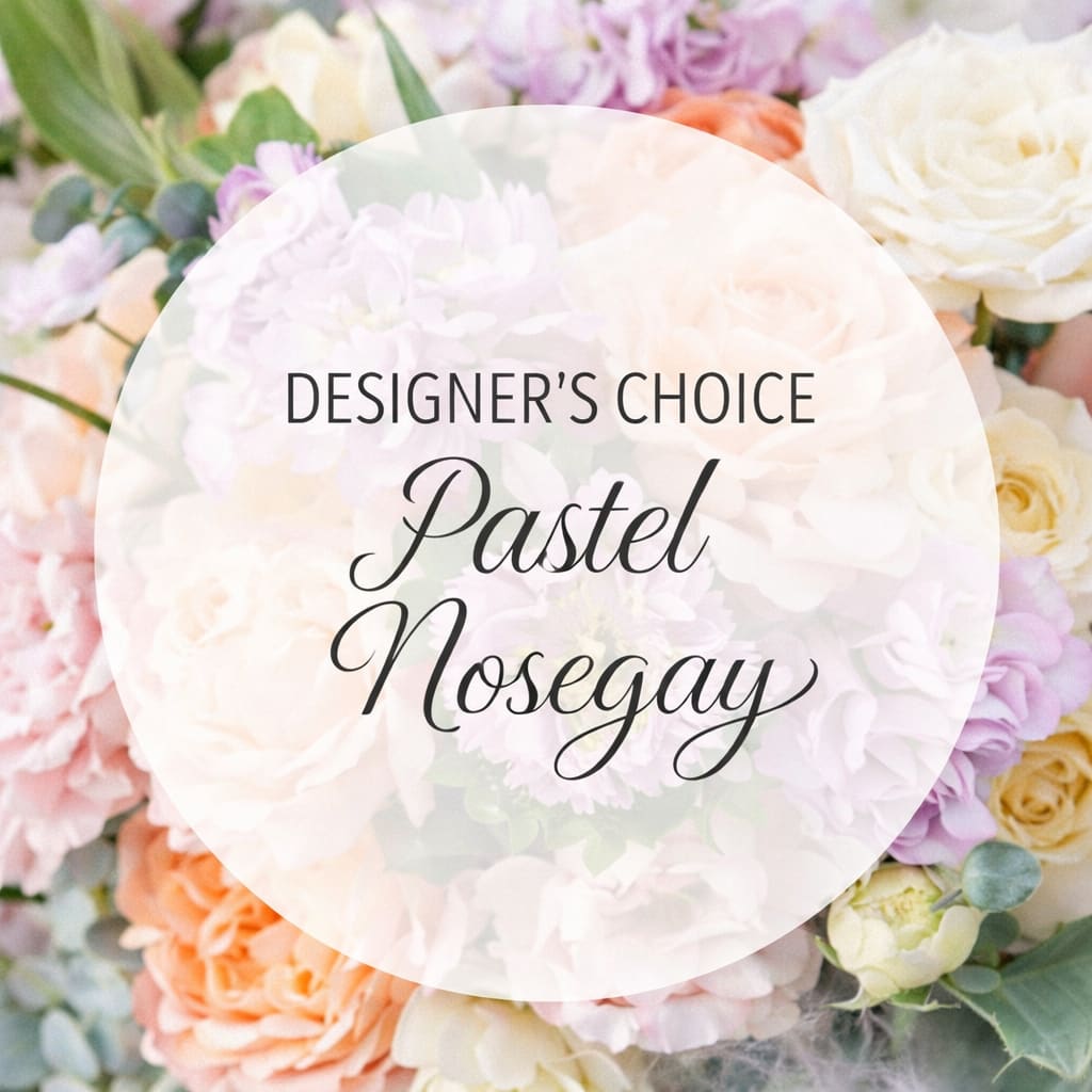 Designer's choice pastel nosegay - A small bouquet designed in a pastel color palate that the designer's pick out themselves, wrapped in ivory ribbon. 
