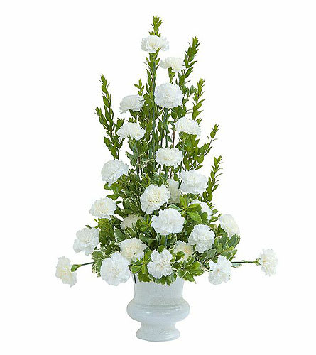 Simple Love Urn - A classic white urn filled with white Carnations and premium foliage. Approximately 22" wide by 28" high As Shown : TMF-746