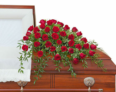 Simply Roses Deluxe Casket Spray - Three dozen roses with premium foliage in a casket spray. Approximately 32" wide 38" deep As Shown: 