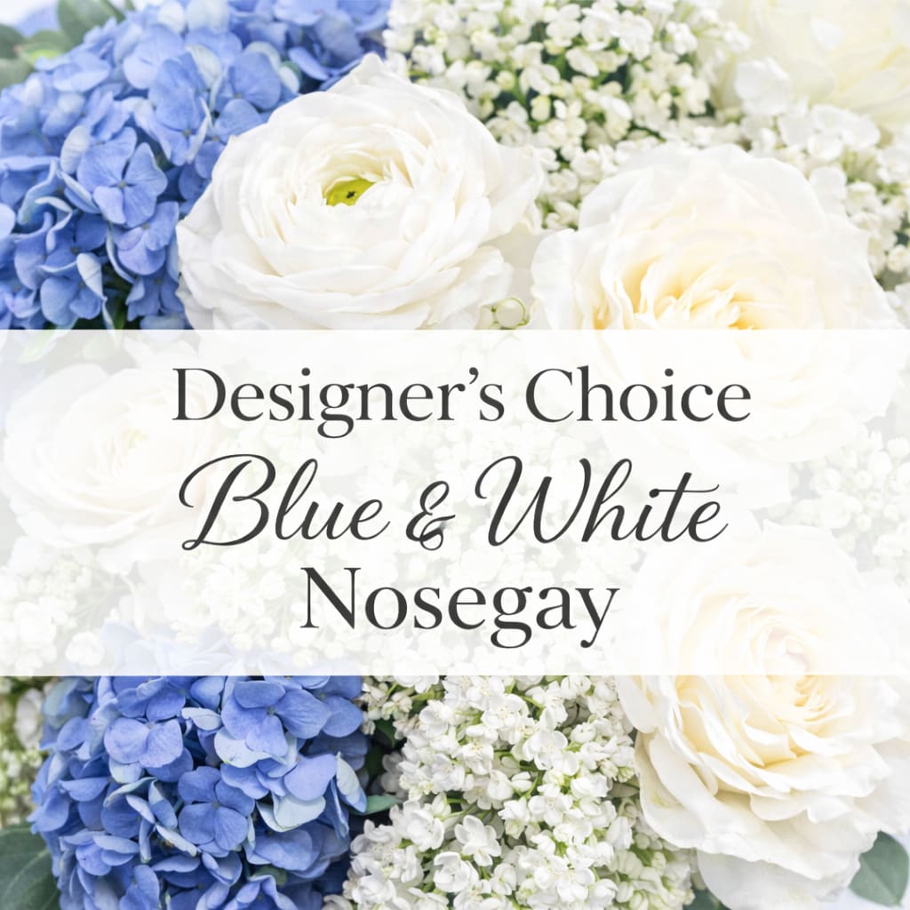 Designer's choice blue &amp; white nosegay - A small blue and white bouquet that is a perfect for a prom, designed with blue and white flowers wrapped in ivory ribbon. 