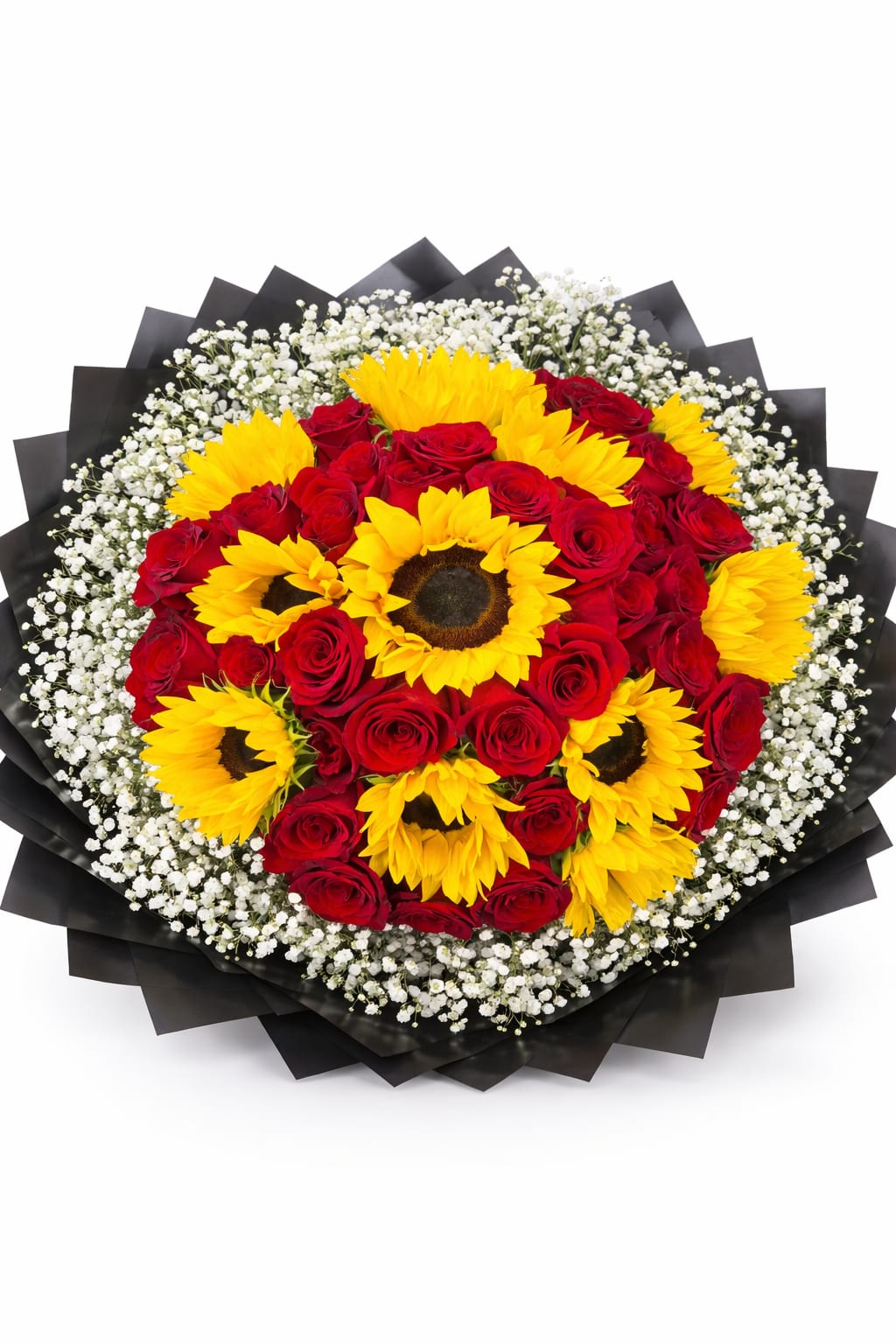 Sunset Romance Bouquet  - A radiant bouquet of sunflowers and 36 long stem Ecuadorian red roses with baby’s breath wrapped in elegant black paper for a bold and romantic design.