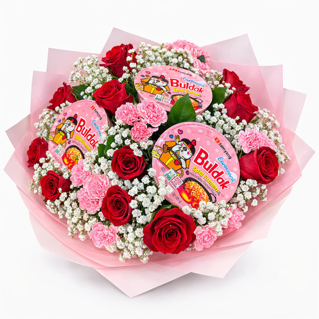 Sweet &amp; Spicy  Love Bouquet  - A playful bouquet of one 1 dozen Ecuadorian roses, pink carnation, baby’s breath and Buldak Ramen cups, wrapped in elegant pink paper for a Fun and unique gift.