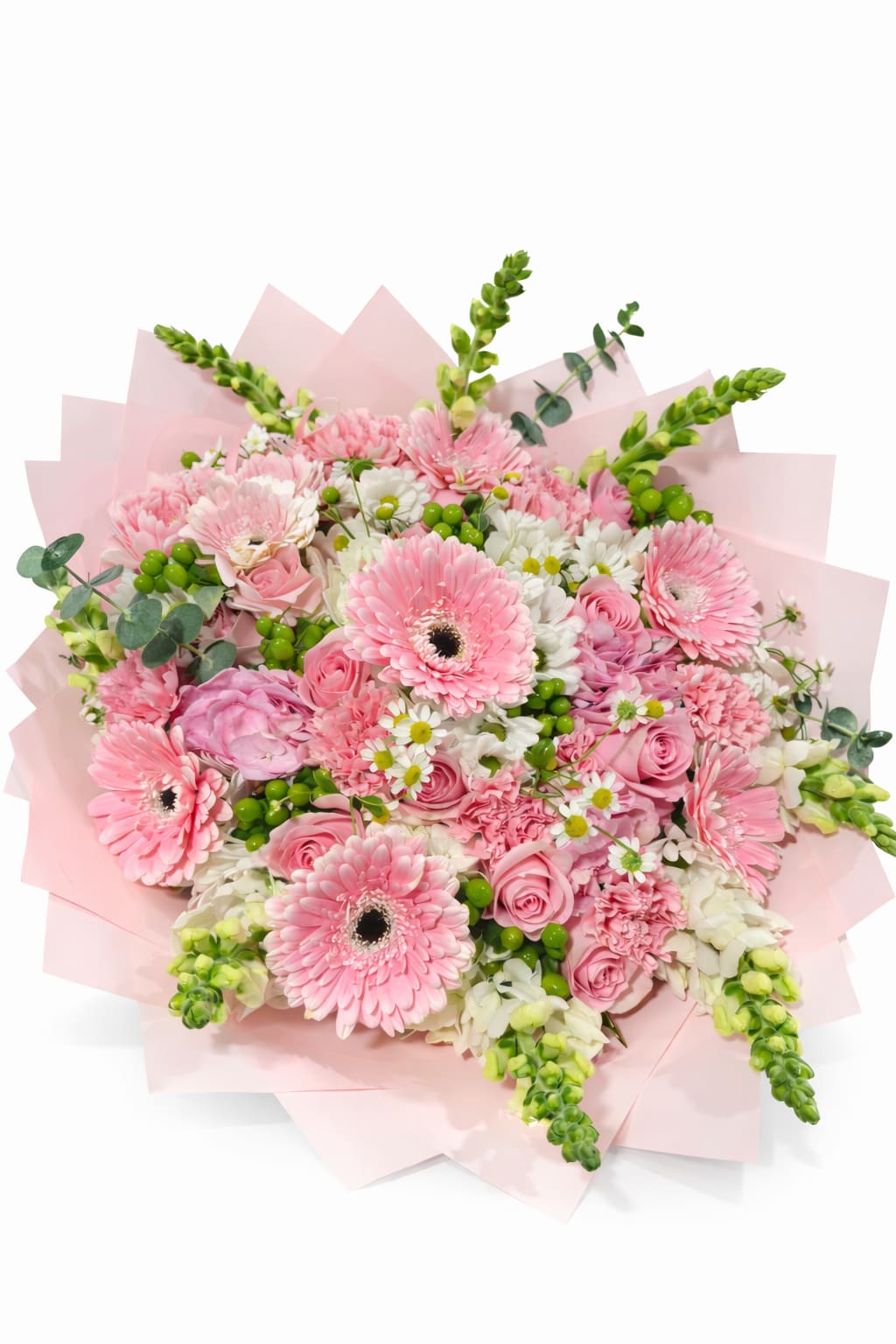 Pink  Garden Bouquet - Romantic bouquet of pink gerbera daisies  roses, carnations, hydrangeas, and fresh greenery wrapped in elegant pink paper.