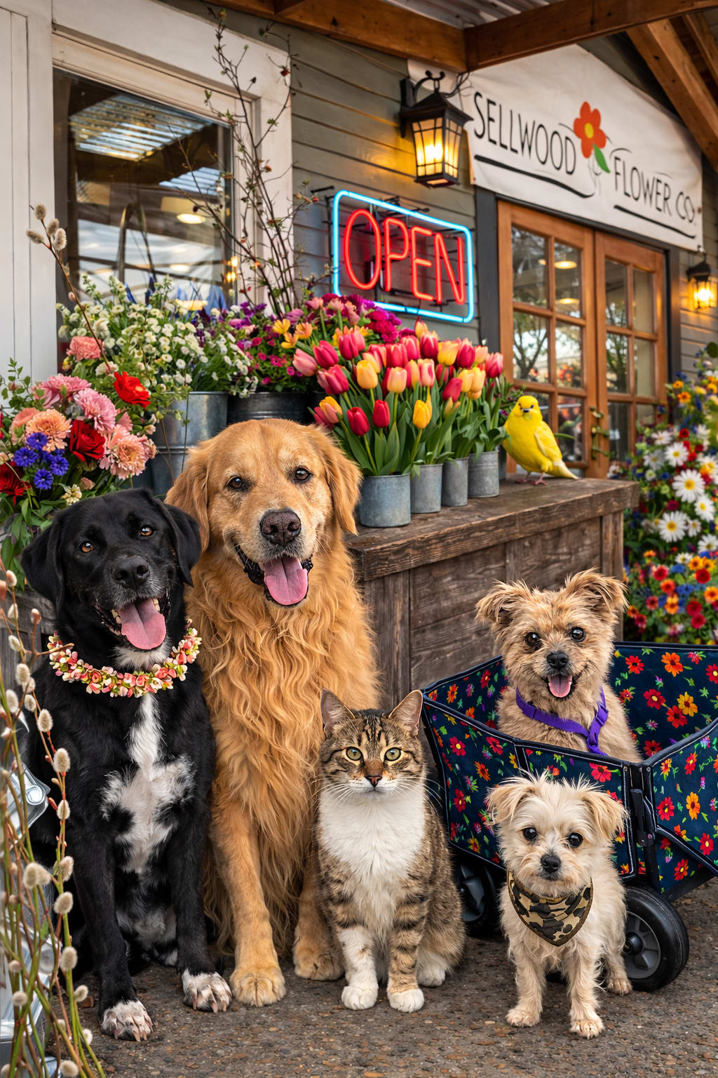 Flower shop entrance with colorful tulip buckets and five pets posing in front