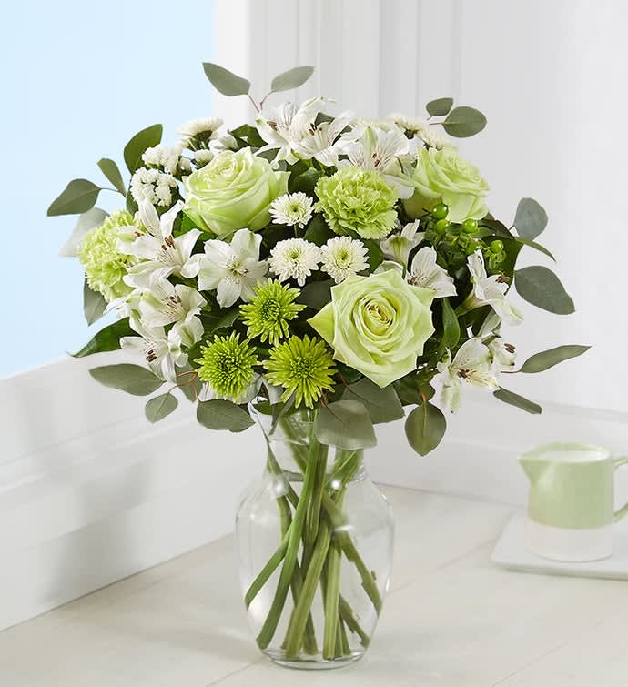 Lucky me - the luck of the day shines through on this bouquet of green and white flowers.