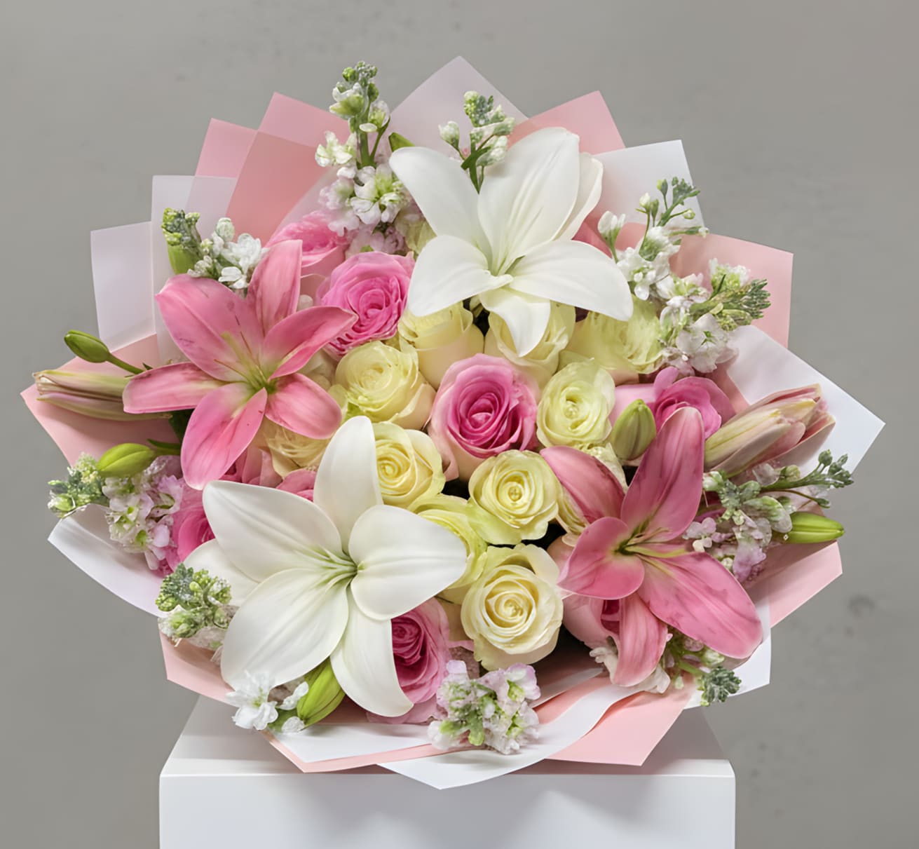 Bouquet of pink and white lilies with pink and pale yellow roses