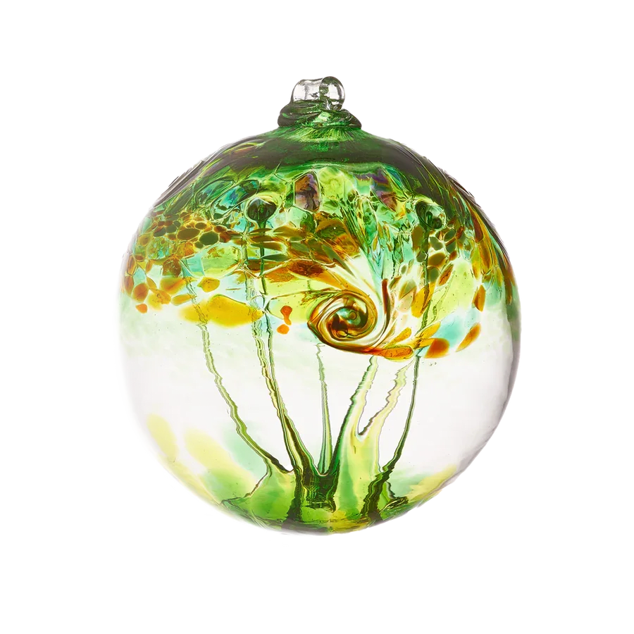 Earth Orb - Kitras Art Glass - Inspired by and created with the four elements – Air, Earth, Fire, Wind – this orb will inspire and challenge you. The colors are swirled on the top half of this orb and webbing is pulled from bottom to top.   Each of the four Elements has a unique sentiment story and the focus of this orb is Earth.  Measures 6''