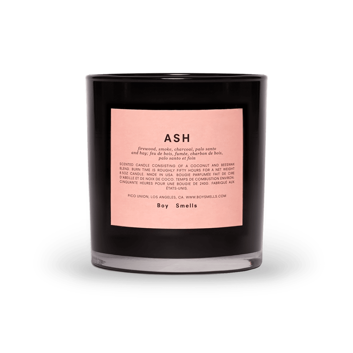 Ash Boy Smells - firewood, smoke, charcoal, palo santo and hay  Sometimes you have to burn everything down to start new. Dry hay and black coals permeate throughout the burn. A lingering accord of bright juniper berry round out this modern, smoky scent.  Coconut and beeswax blend with braided cotton wick, in glossy black glass tumbler.  Comes in embossed matte pink carton.  8.5 ounces (240g). 3.4 inches (8.6cm) tall.