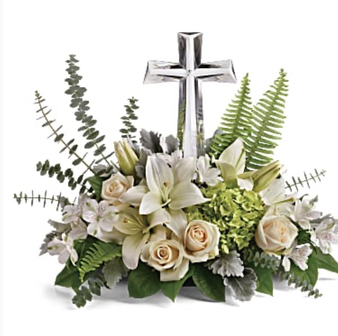 Life’s Glory - Beautiful variety of seasonal white flowers with a keepsake Crystal Cross. 