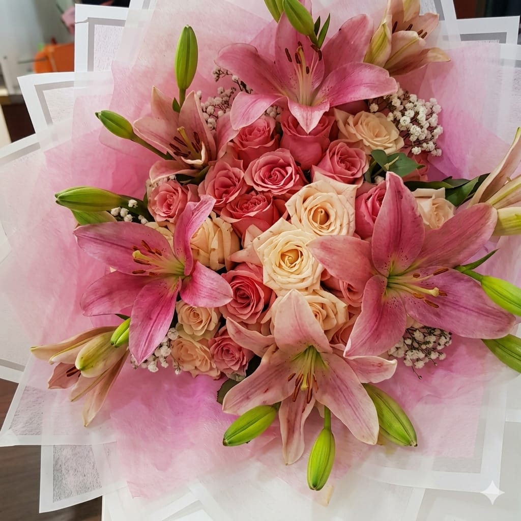 For her - Soft, feminine, and full of life. This bouquet pairs the bold elegance of pink lilies with the classic charm of cream and rosy-pink roses. Wrapped in ethereal pink tissue, it’s a romantic gesture that feels both modern and timeless—perfect for an anniversary, a birthday, or just because."