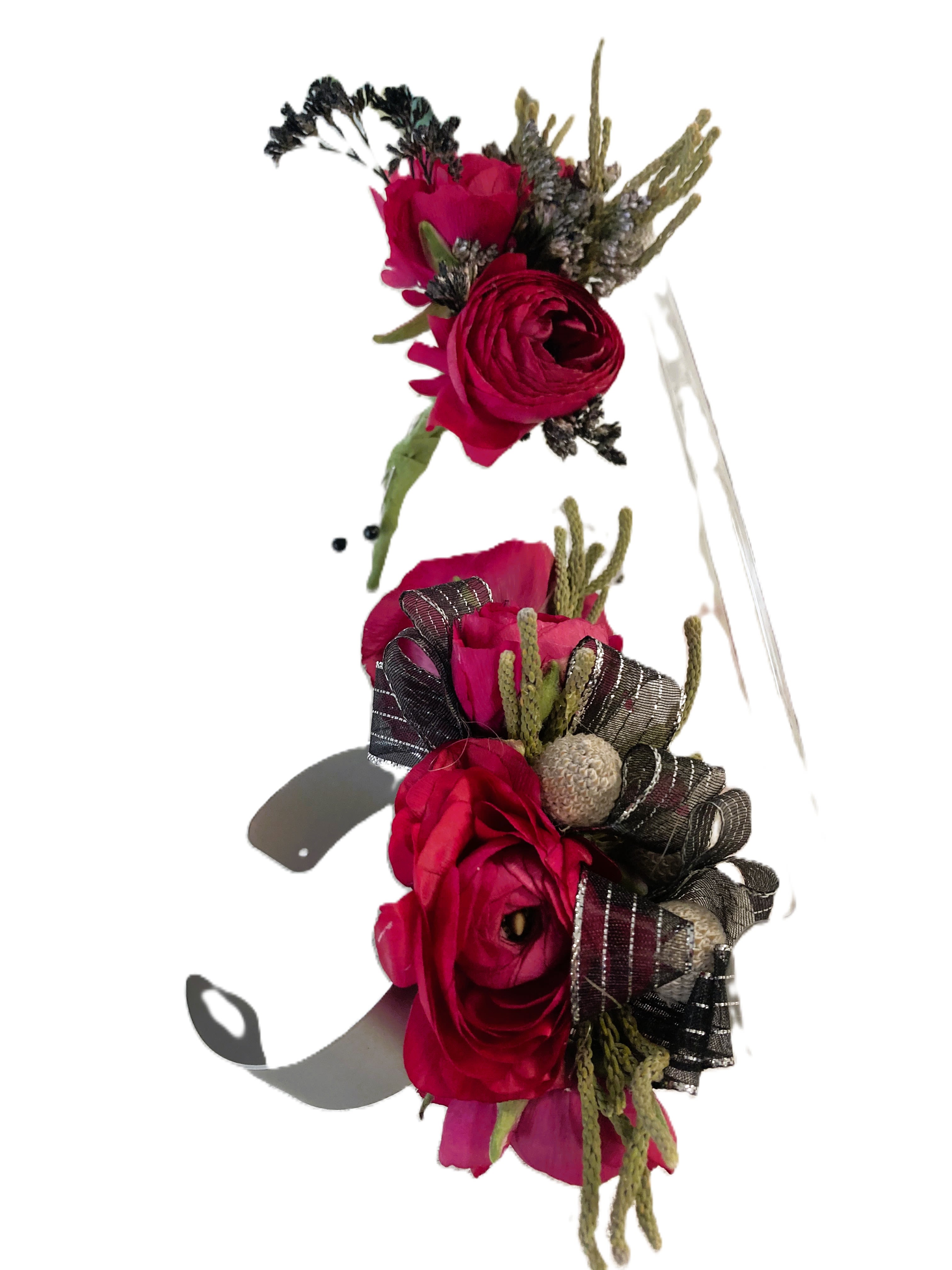 wristlet and boutennier combo - Wristlet and boutennier, with ranunculus.. Wristlet is a cuff, that's open at the end, making it an easy fit for any wrist..  so can order it in almost any color.  Call the shop or specify colors in special instructions.