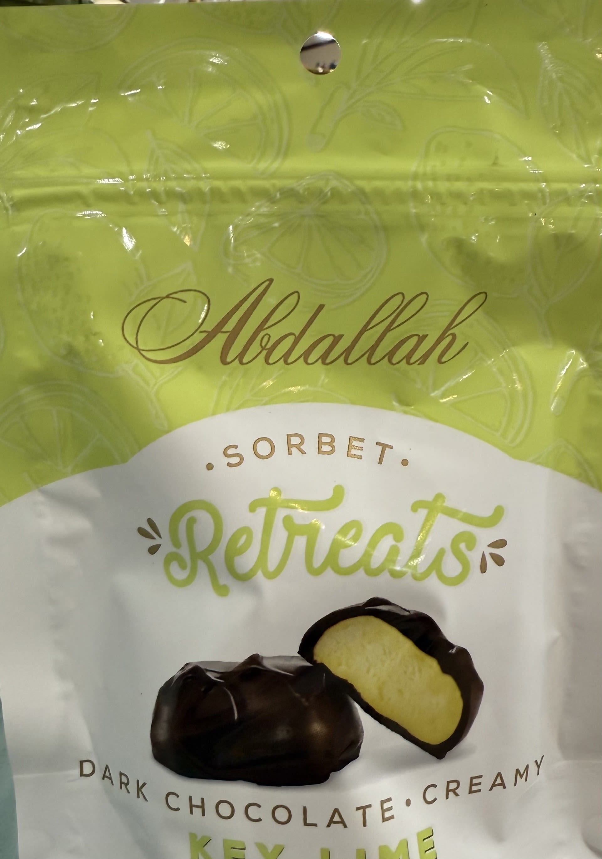Abdallah Key Lime Sorbet - Creamy key lime sorbet center covered in smooth dark chocolate, all in a resealable bag