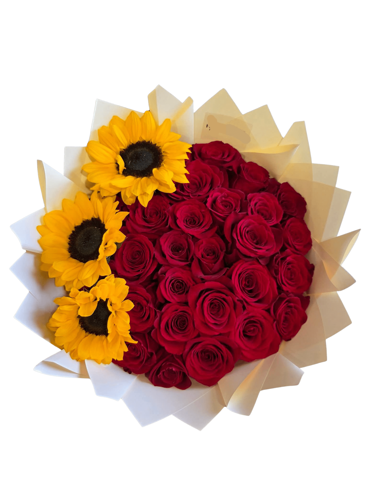 Amor y Sol - Hermoso buquet de 36 rosas y 3 girasoles de la mejor calidad lleno de amor. 