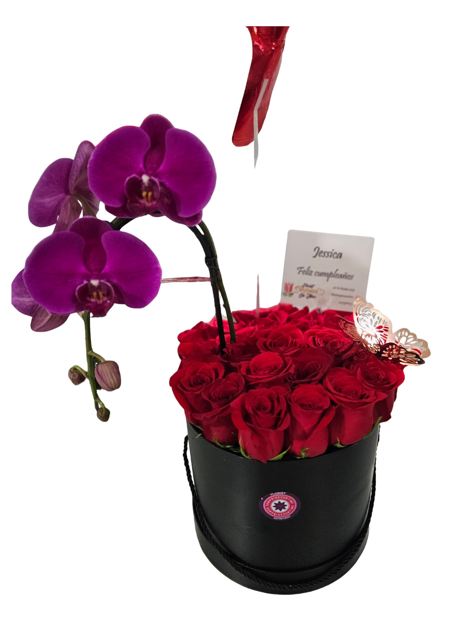 Elegancia Real  - Elegante arreglo en caja negra con hermosas rosas rojas y una delicada orquidea  le da un toque de lujo y sofisticación., elegante regalo 