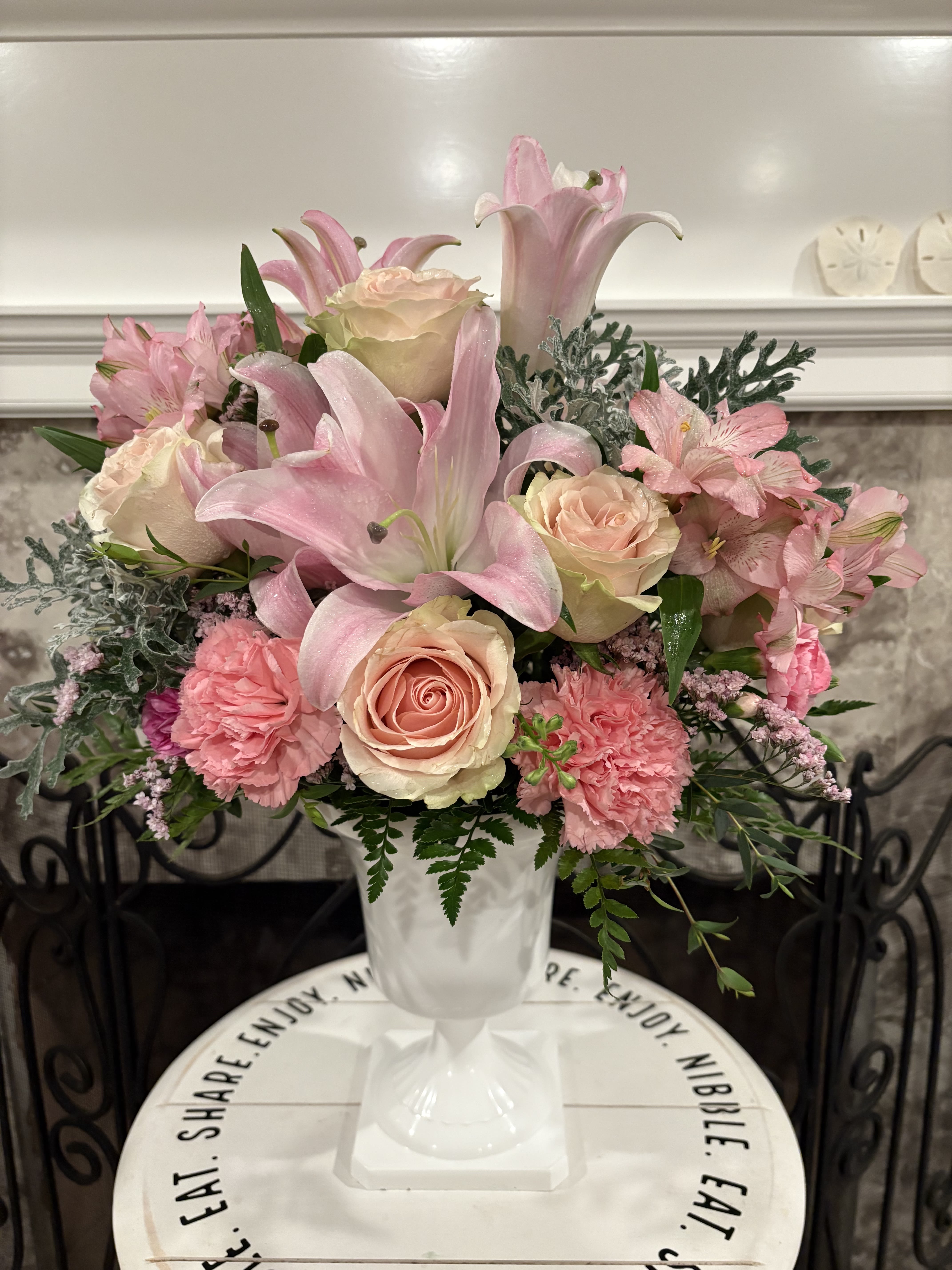 Soft And Tender Bouquet - Tender as a rose, this soft pink arrangement is a beautifully feminine show of love  Pink roses, pink asiatic lilies, and pink alstroemeria are accented with dusty miller and greens Orientation: All-Around 19'H x 19'W