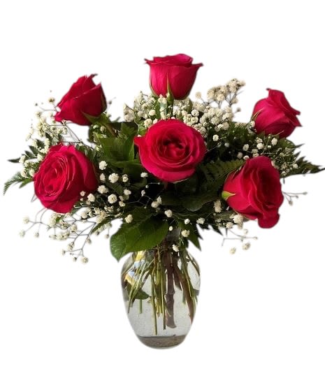 Six Roses Hot Pink - Six vibrant and fresh hand-picked roses with green foliage in a clear glass vase. The design includes six hot pink roses with baby breath. Simplicity makes it perfect for any occasion.