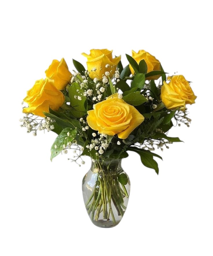 Six Roses Yellow - Six vibrant roses with baby breathe, greenery on a glass vase perfect for any occasion.