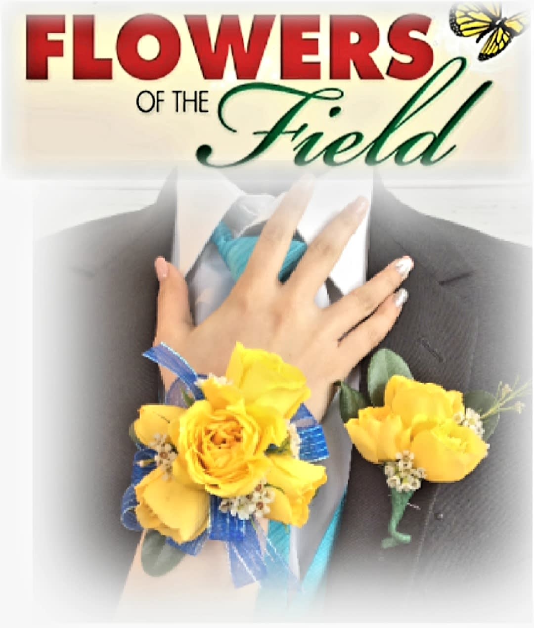 Corsage &amp; Boutonniere Set with Yellow Roses - Corsage &amp; Boutonniere with Yellow Roses, Please note the color of the ribbon on the special instructions or call Flowers of the Field at 201.854.7300 