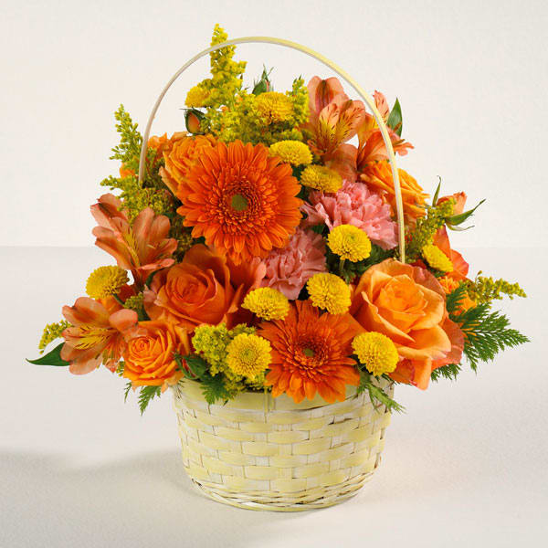 Sunshine Surprise - Everyone's emotions will rise and shine with this bright, delightful basket of roses, alstroemeria, pompons and more! Please note color and container may vary.