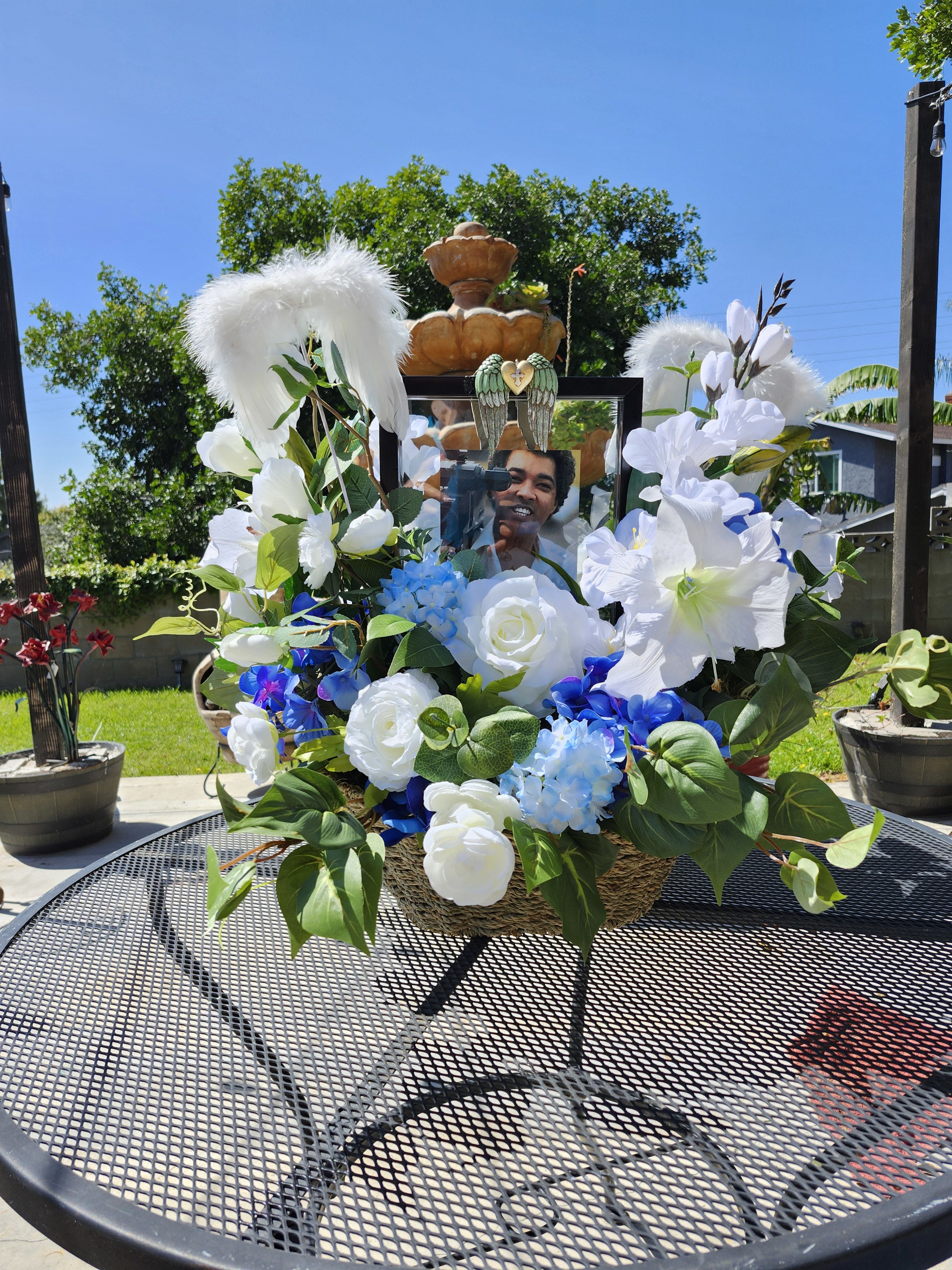 Photo Sympathy Basket  - Silk flower basket with personalized photo (one sided oo double sided frame) with angel wings 