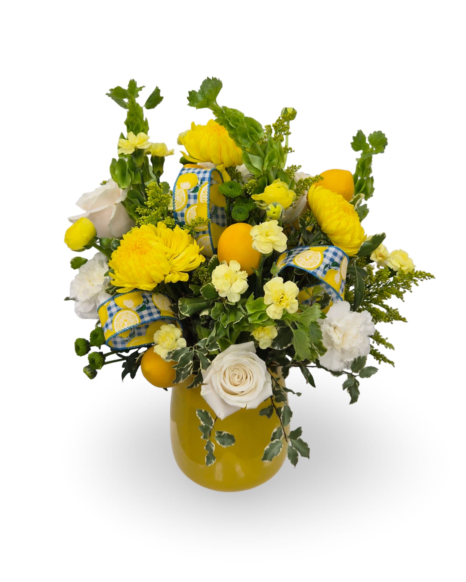 Lemon Drop - Select this bright lemon themed arrangement accented with fake lemons and ribbon. Approxaimtely 20” x 15” x 13”